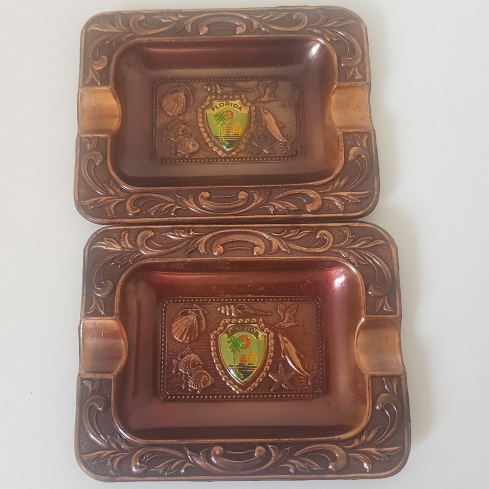 Vintage Copper Color FLORIDA Ashtray Lot of 2 Collector's 3" X 2.5" Set of 2